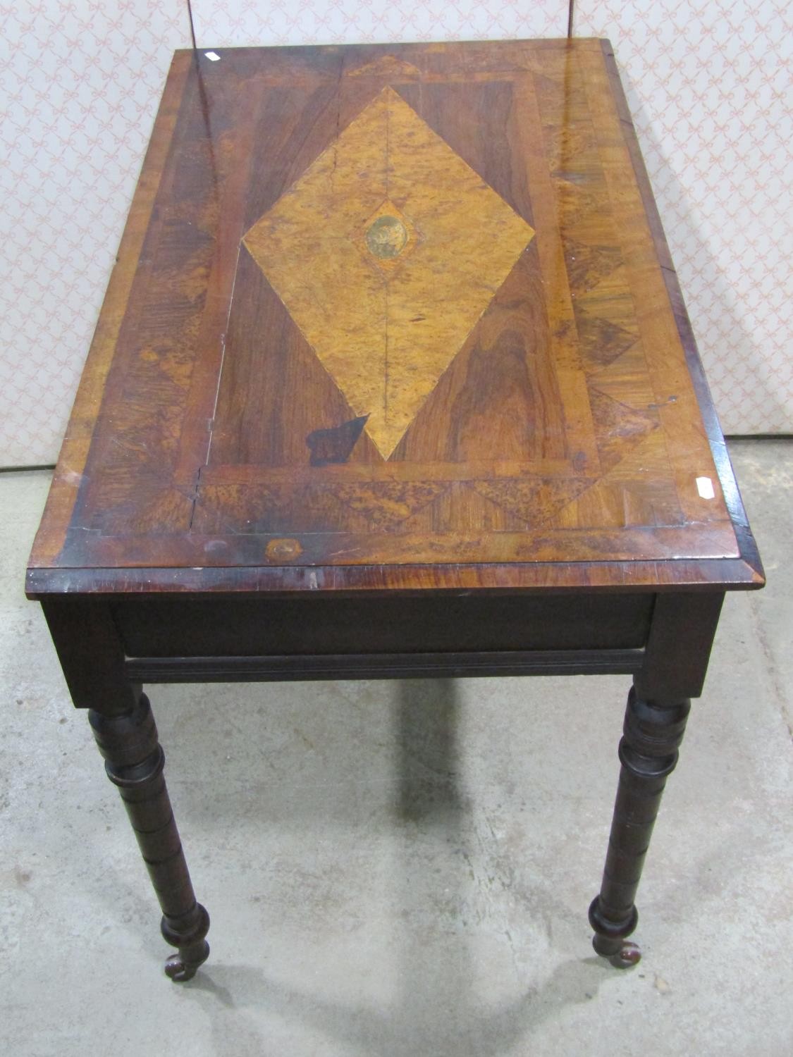 Victorian side table, the top in mixed wood with geometric detail, to the centre Britannia with - Image 3 of 5
