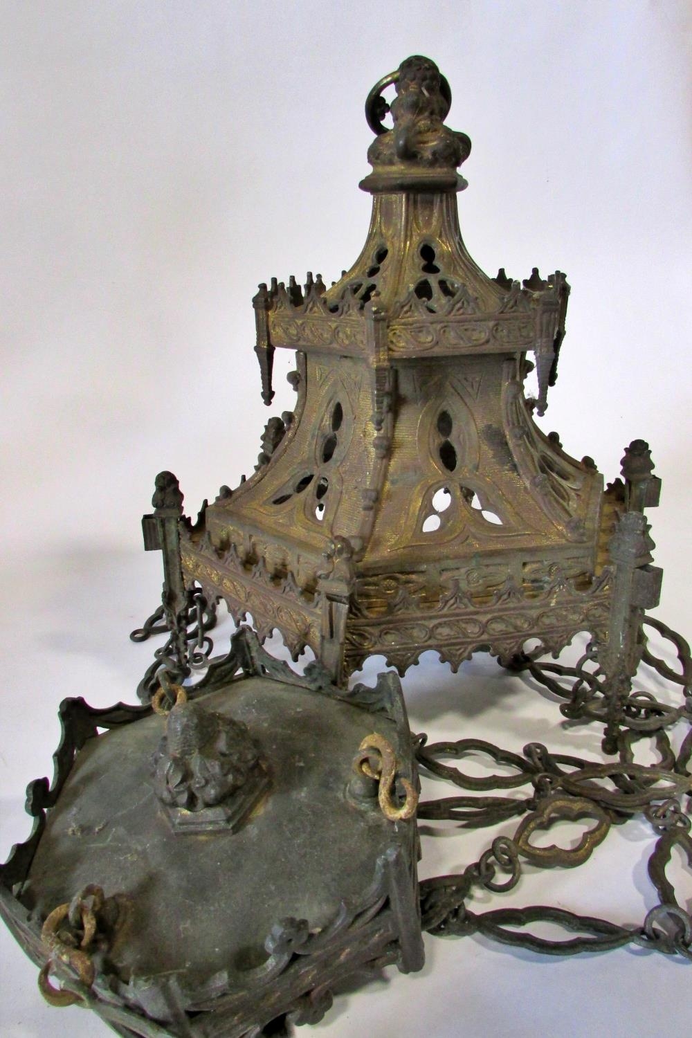 A large 19th century ecclesiastical / gothic gilt cast metal ceiling light, with pierced mounts - Image 4 of 4