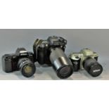 Three Nikon cameras models F60, F801, F4015 with a case together with a Fujifilm Finepix S3 PRO