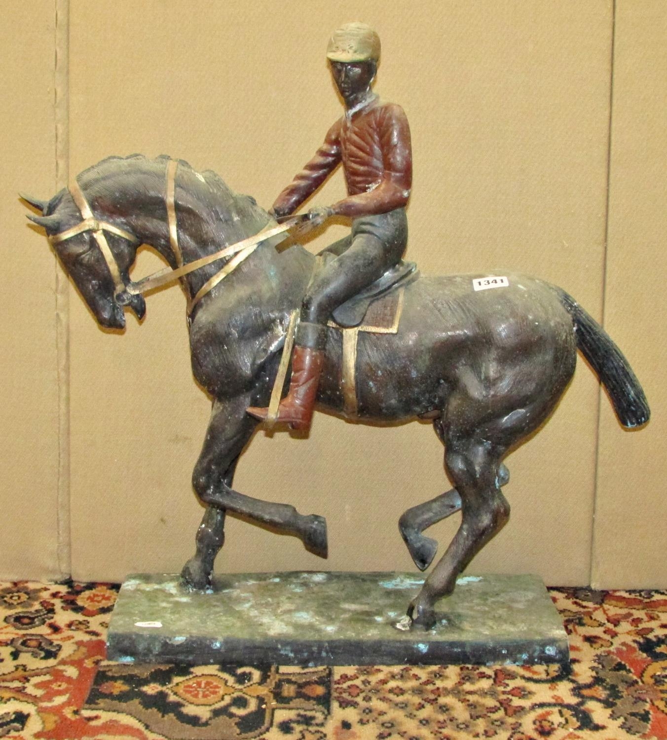A Bronze equestrian group - with mounted jockey, 58cm high x 50cm long