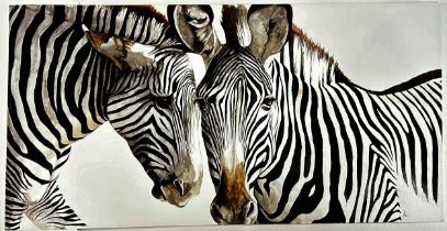 Dominique Salm (b.1972) 'Zebras', watercolour on paper, signed in pencil below, 76 x 39.5 cm,