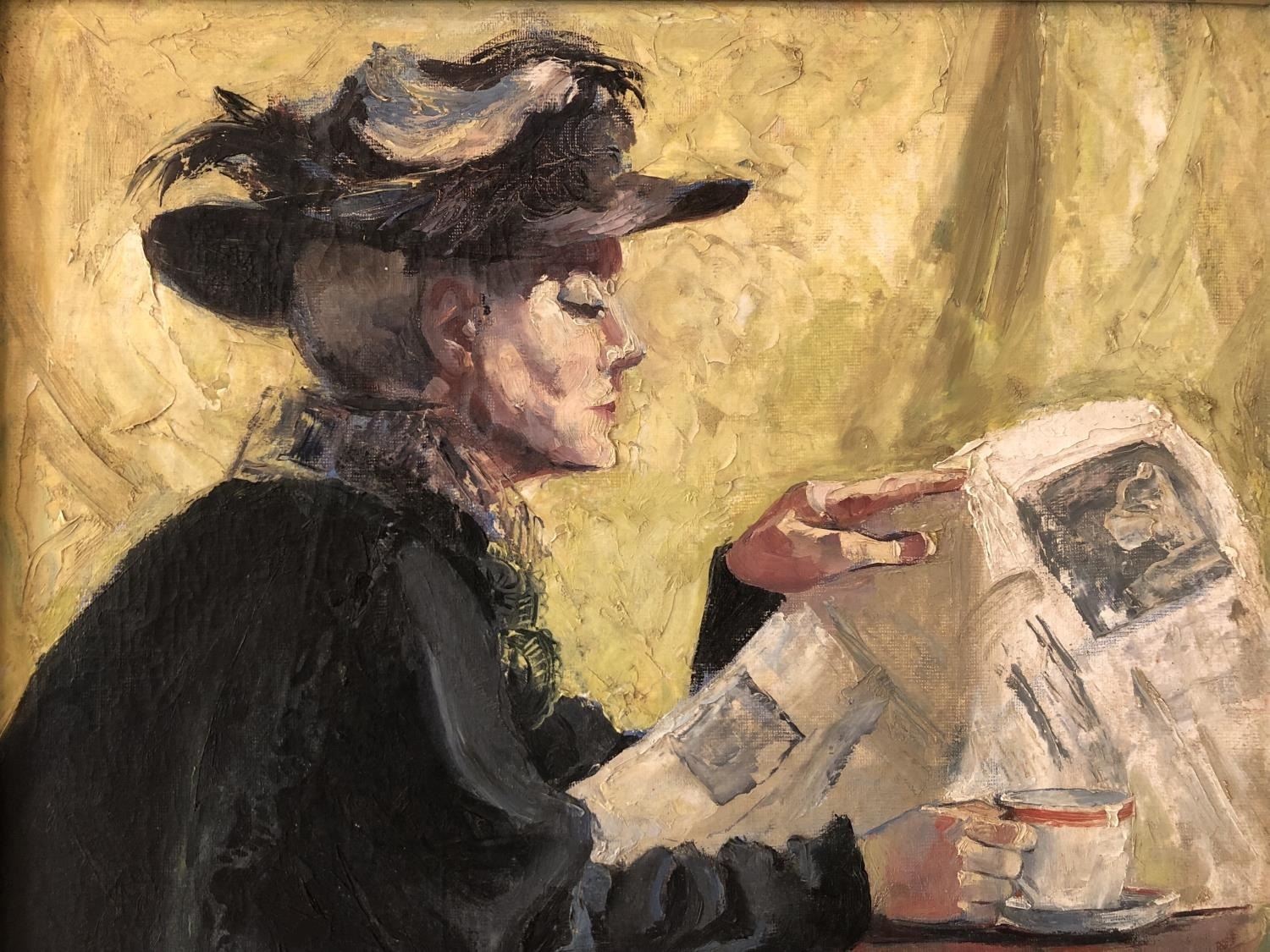 David Cox (20th Century) - Portrait of a lady reading a newspaper sat at a tea table (1964), - Image 2 of 4