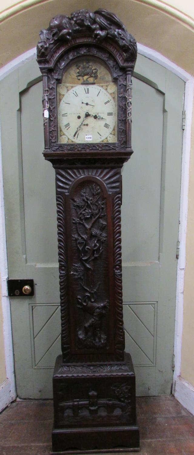 A 19th century oak longcase clock with heavy estate carving, the trunk detailing a knight fighting - Image 2 of 17