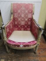 A Regency beechwood framed drawing room armchair, the moulded frame with painted/distressed finish