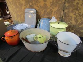 A large quantity (3 boxes) of 19th century and later enamel ware, all domestic pieces,