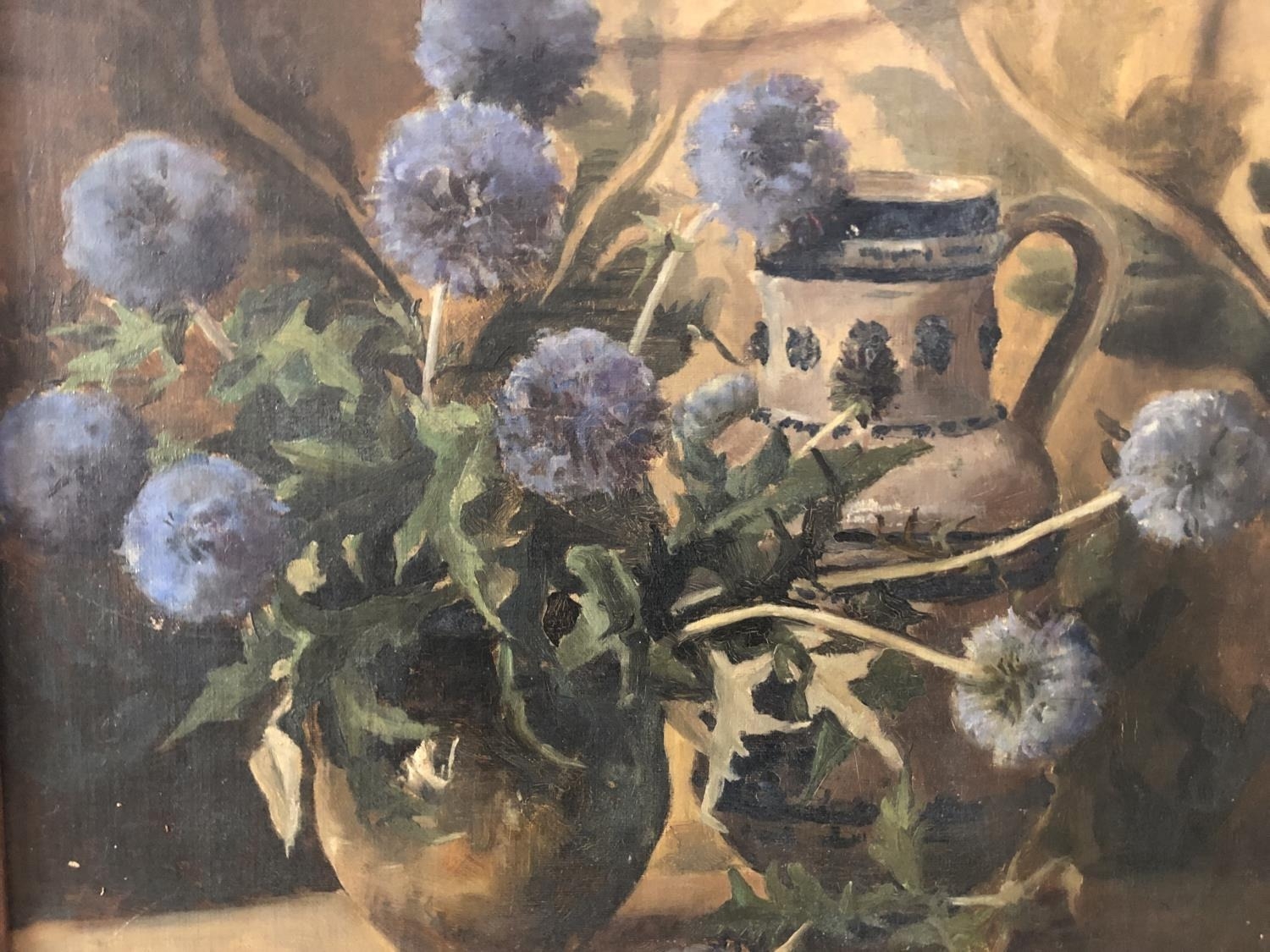 20th Century British School - Still life with a jug and vase of thistles, unsigned, oil on board, 40 - Image 2 of 3