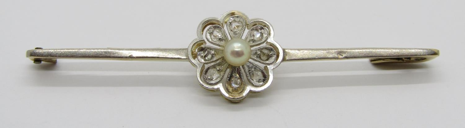 Early 20th century 15ct bi-colour bar brooch set with a pearl and rose-cut diamond cluster, 6.4cm - Image 2 of 4