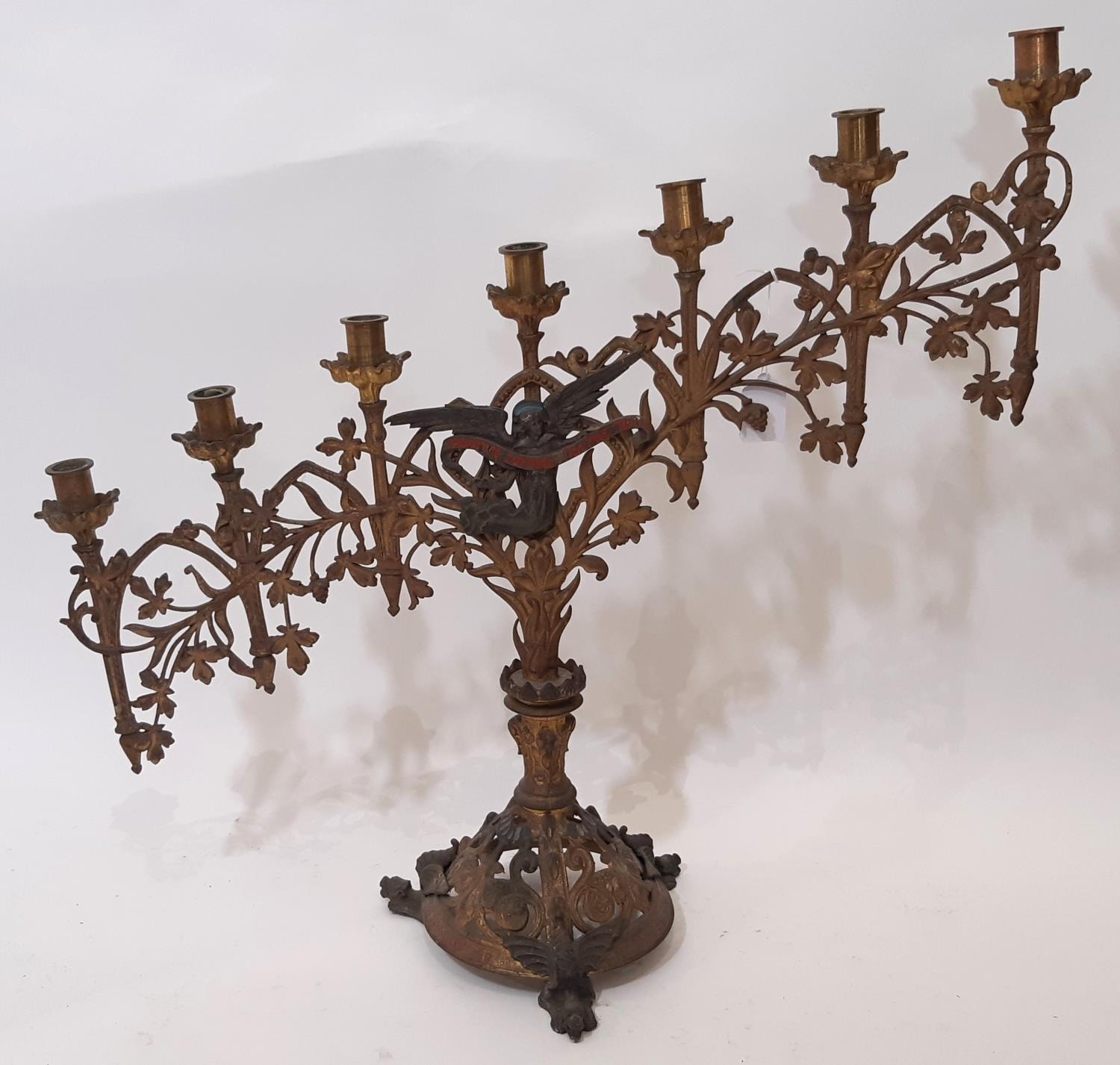 A pair of continental ecclesiastical gothic seven light candlesticks, of graduating form, with - Image 5 of 6