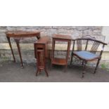 An Edwardian drop leaf table, corner chair, demi lune table, and square cut occasional table