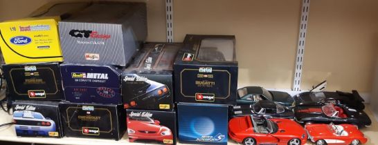 Ten 1:18 scale boxed model sports cars including Bugatti, Mustang and Ferrari by Maisto, Jouef,