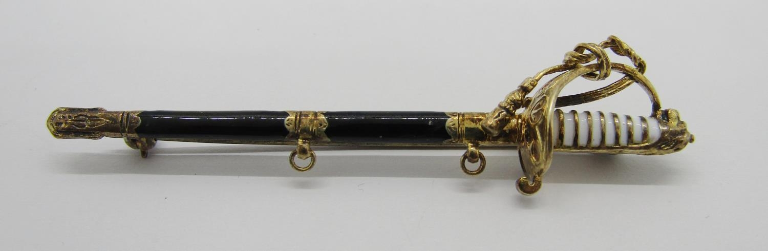 Silver gilt novelty Naval sword brooch, maker 'AMJ', London 1994, 6.3cm L approx, contained in a - Image 2 of 4