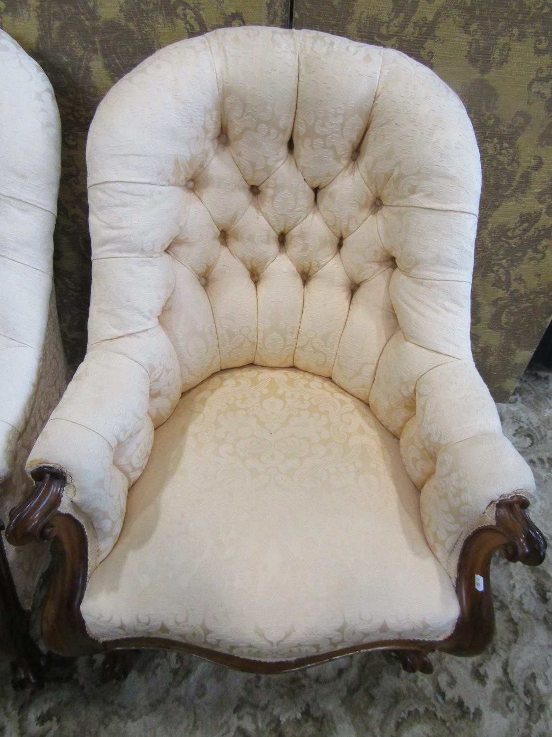A pair of 19th century rose wood framed and upholstered drawing room chairs on cabriole legs - Image 3 of 5