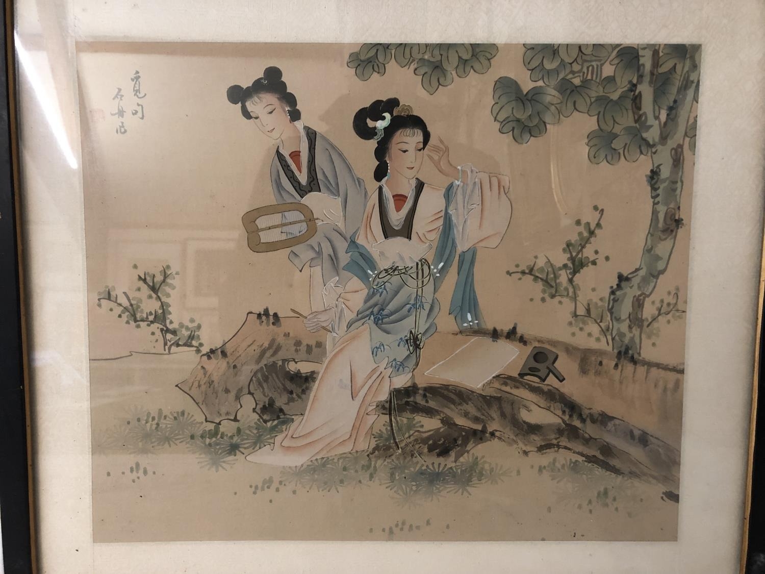 Two vintage watercolour paintings on silk, possibly Japanese in the Chinese style, depicting two - Image 2 of 3