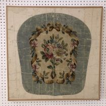 A French Aubusson painted panel, with a central floral spray and ribboned floral border, gouache