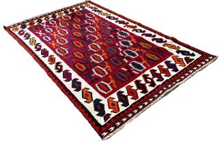 South West Persian Qasgai Kilim, with a central red panel decorated with diagonal lines of stepped