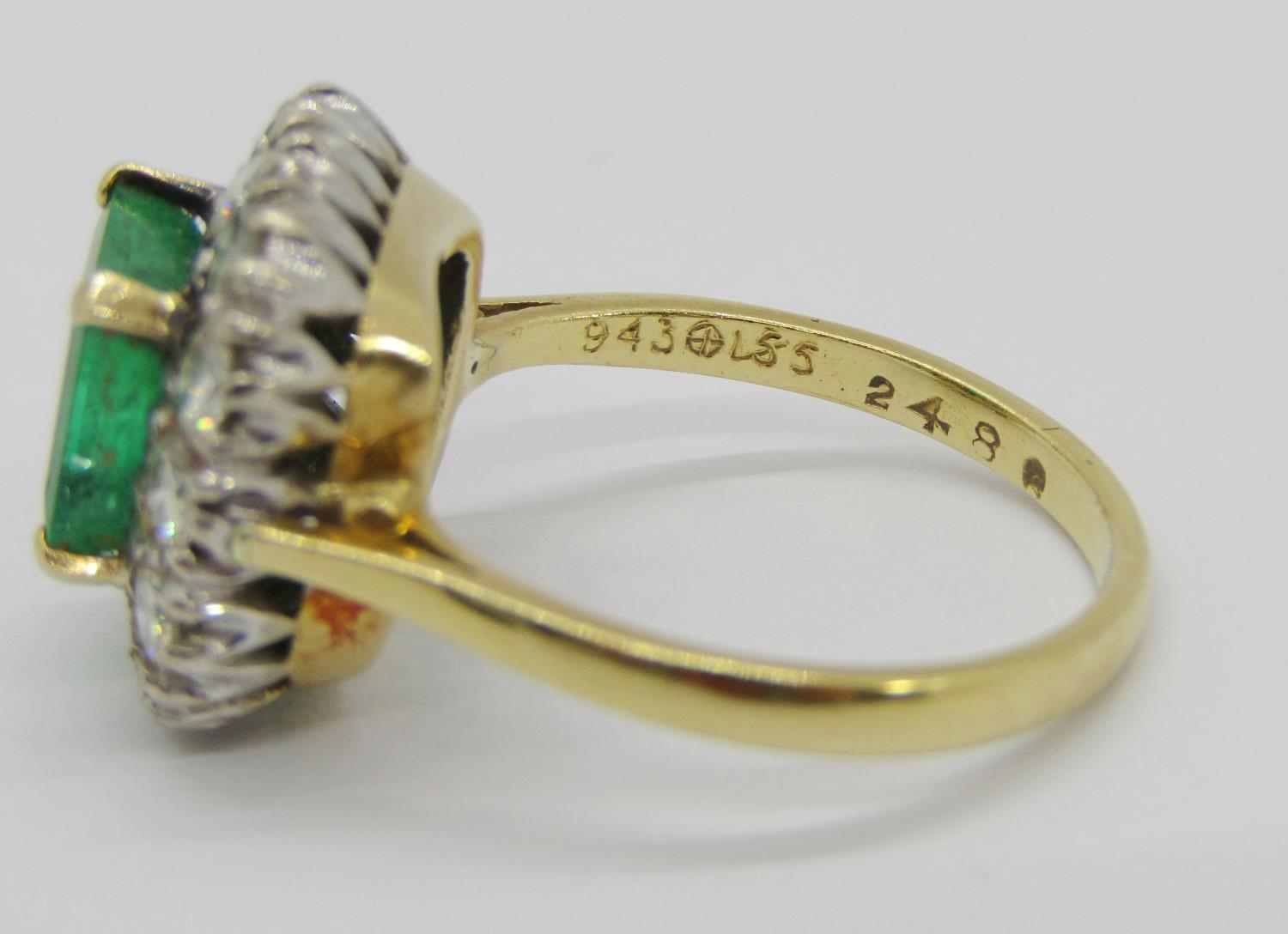 Mid 20th century 18ct emerald and diamond cluster ring, the emerald 7 x 7mm approx, size N, 5.3g ( - Image 6 of 8