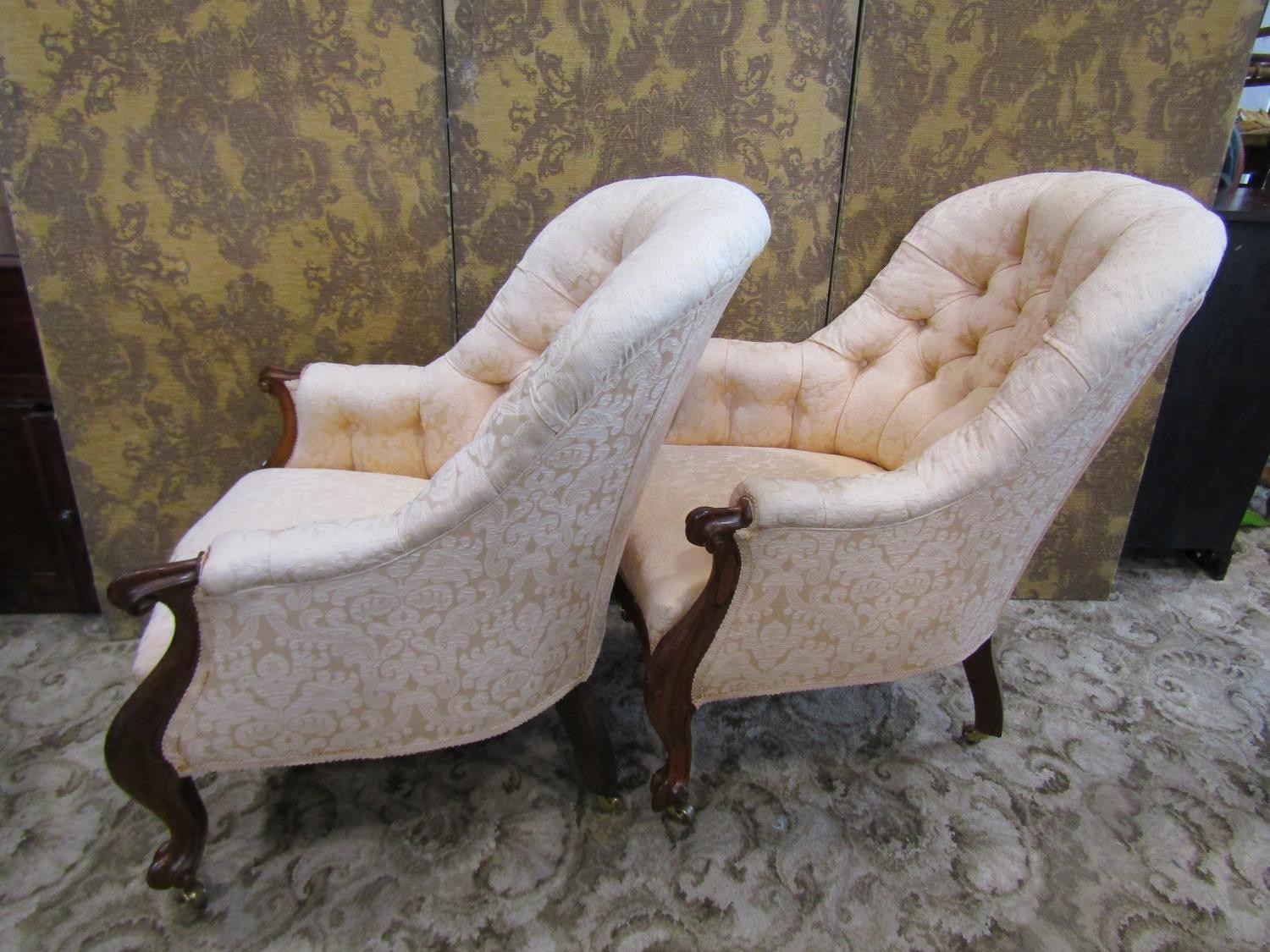 A pair of 19th century rose wood framed and upholstered drawing room chairs on cabriole legs - Image 4 of 5