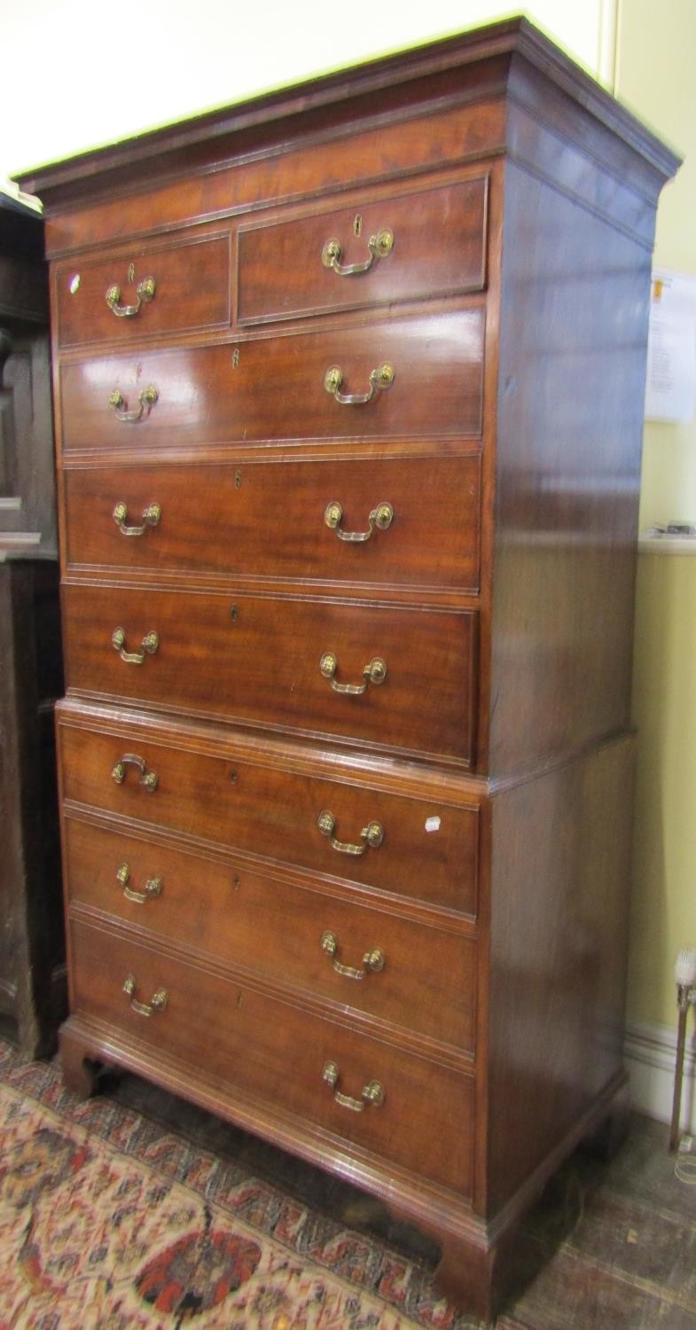 A Georgian mahogany chest on chest fitted with an arrangement of six long and two short drawers on - Image 2 of 3