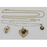 Group of jewellery comprising a small 9ct sapphire cluster pendant necklace, a further 9ct fine link