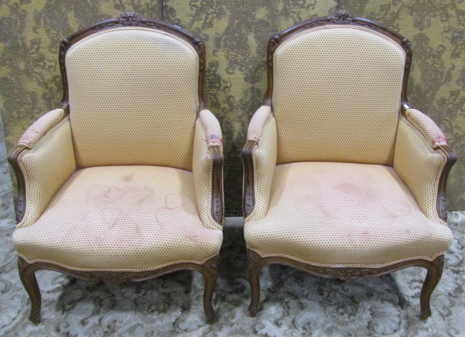 A pair of upholstered armchairs with carved show wood frames on cabriole supports - Image 2 of 9