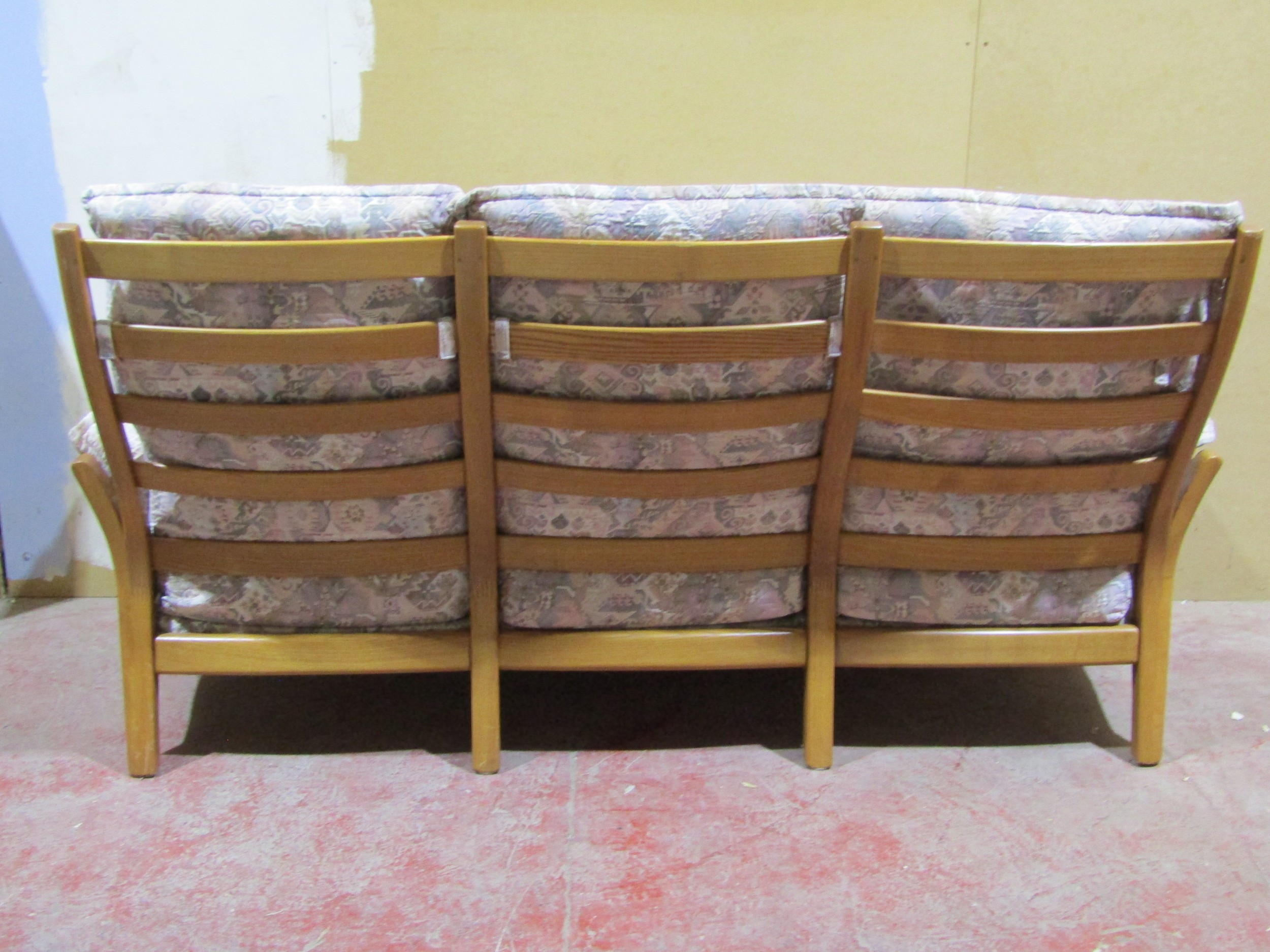 A pale Ercol three seat sofa with a pale coloured upholstery and blonde wood frame - Image 3 of 3