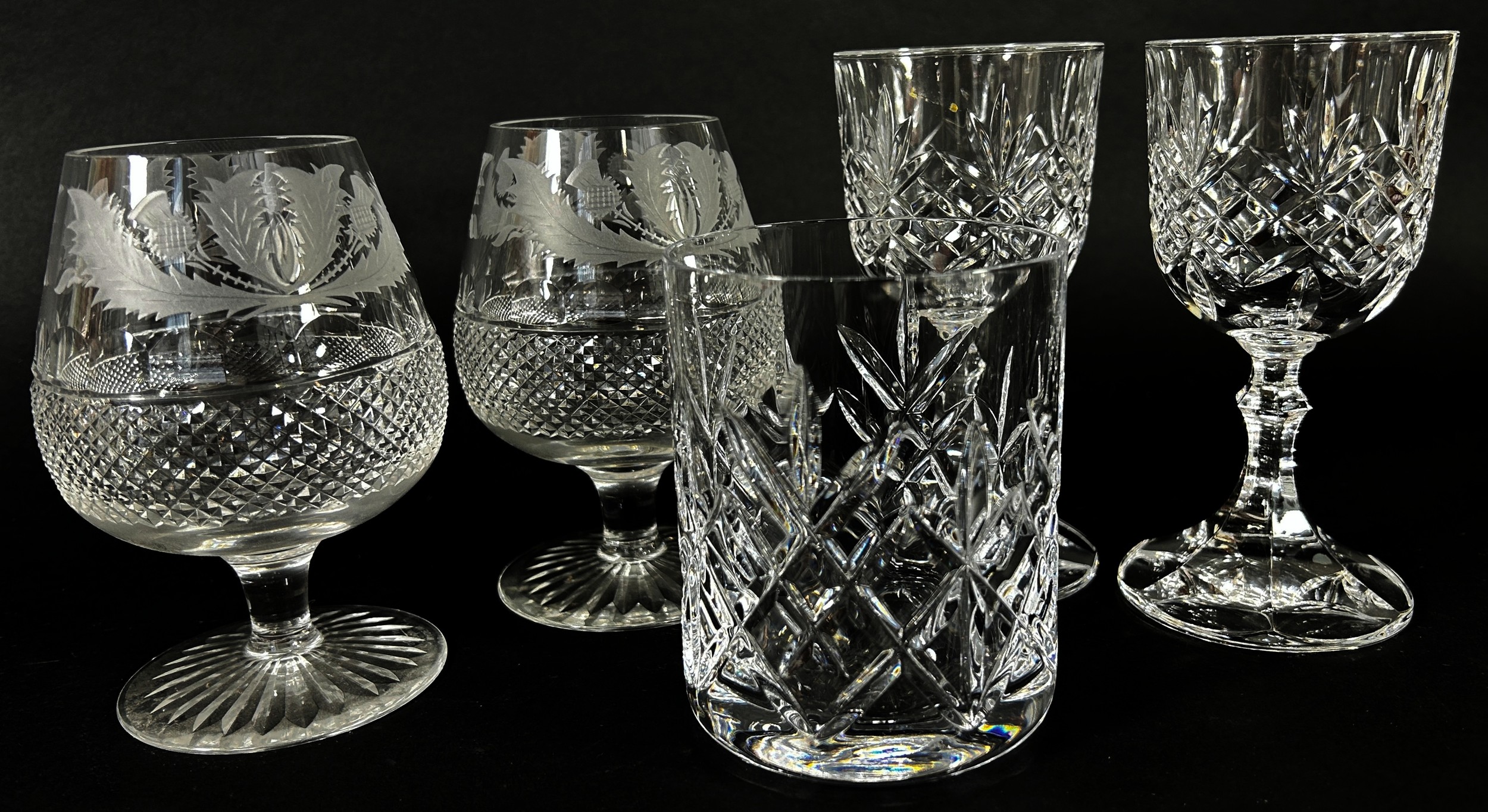 Four Edinburgh Crystal Thistle Whisky Glasses, a single shot glass and two brandy balloons to match, - Image 2 of 2