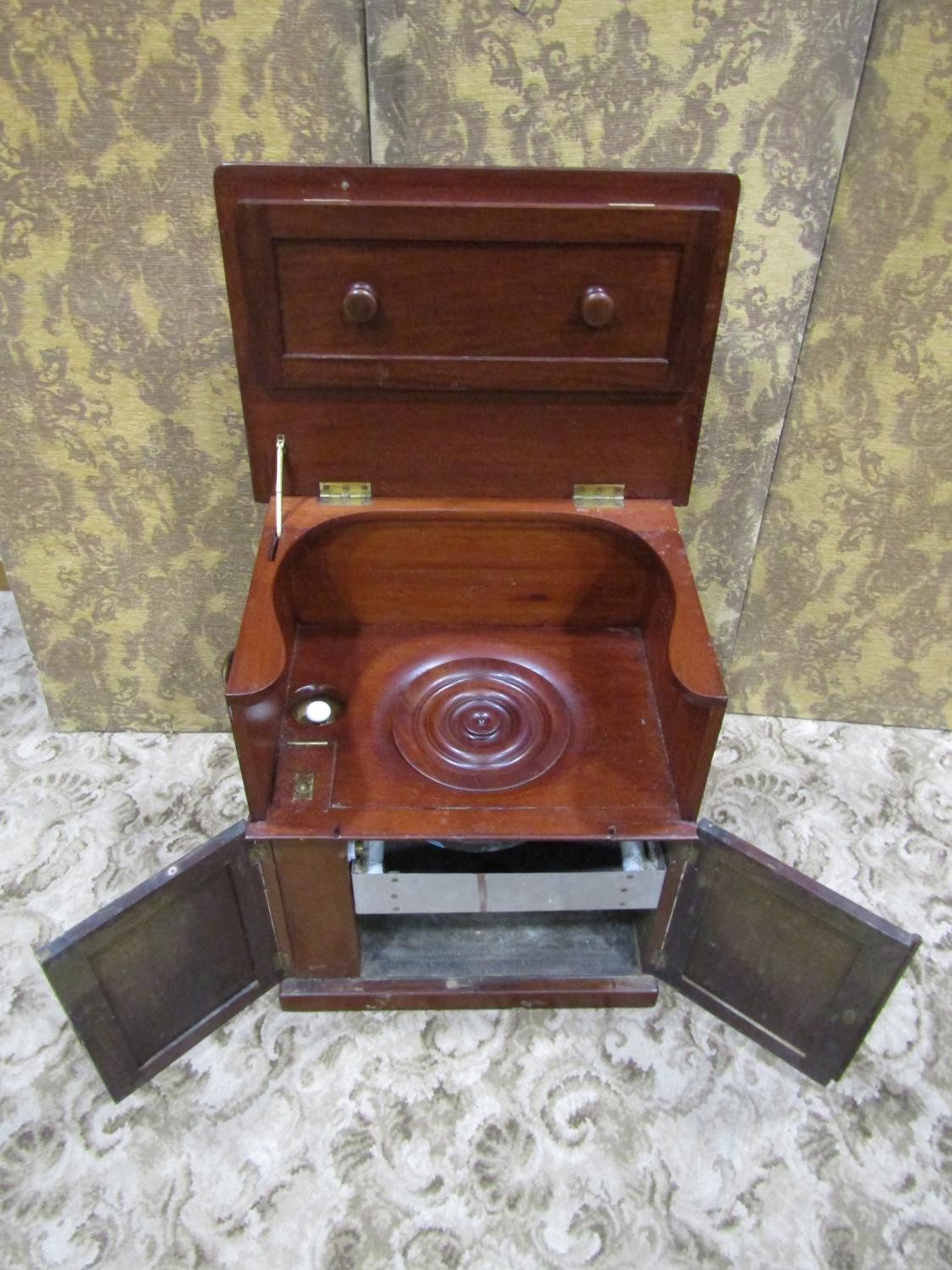 A Victorian mahogany commode with blue and white transfer printed bowl by R J Wiss, patentee 87 St - Image 3 of 5