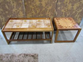 Two teak tiled tables (one large, one small)