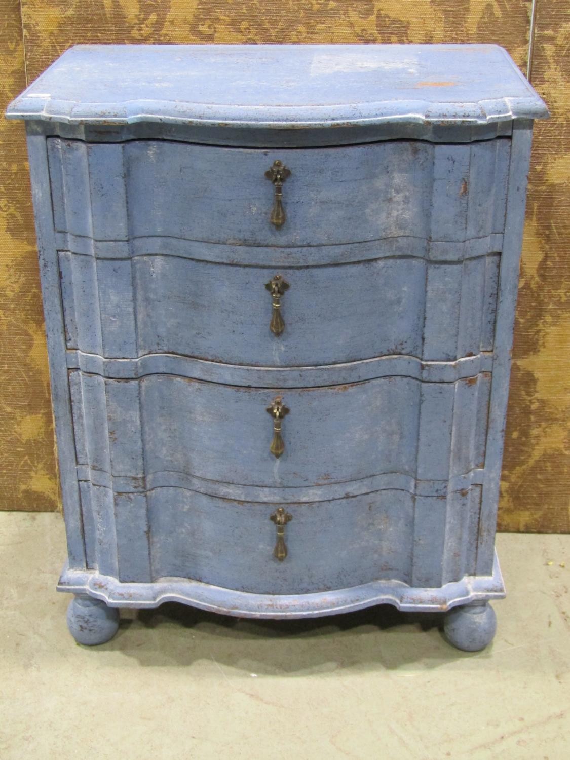 A diminutive 19th century Scandinavian blue painted and scraped commode four drawers, 60cm wide x