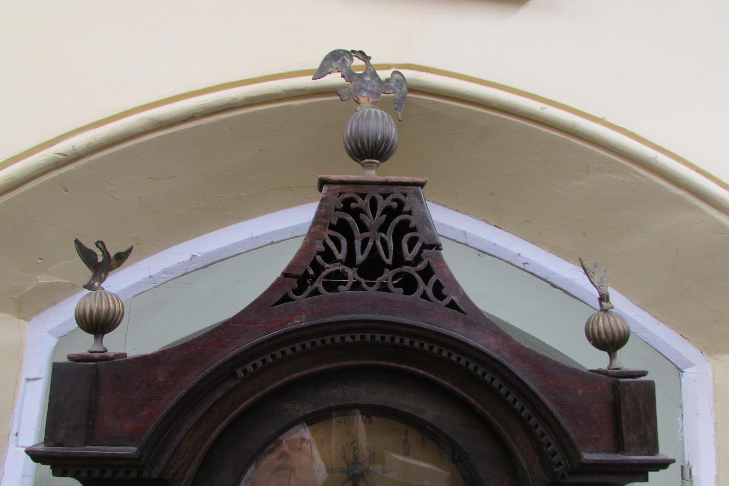A Georgian mahogany longcase clock the pagoda hood with column supports, pierced fret and eagle - Image 2 of 6
