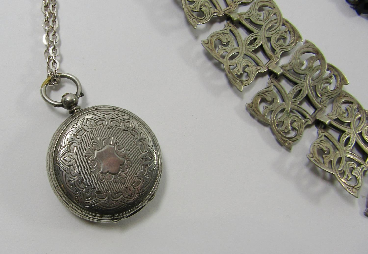 Warranted 800 silver pocket watch, EPNS pierced belt and three French jet bead necklaces (5) - Image 3 of 3