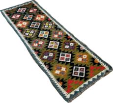 A Maimana kilim runner with rows of diamonds and stepped diamonds, 199 x 66cm approximately