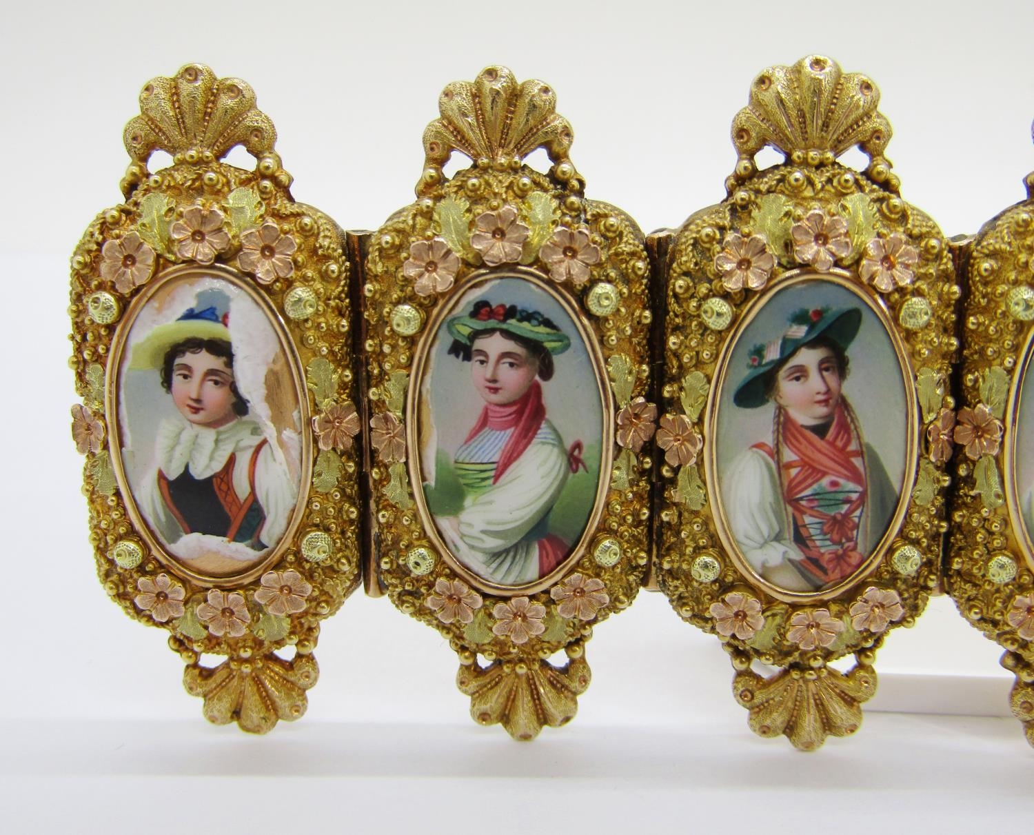 A fine 19th century Swiss gold and enamel portrait bracelet, formed of ten individual waist length - Image 4 of 14