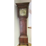 A Georgian oak cottage longcase clock, the square brass dial with engraved detail showing a