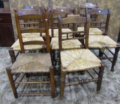 A set of seven matching early 20th century rush seat refectory dining chairs and a single