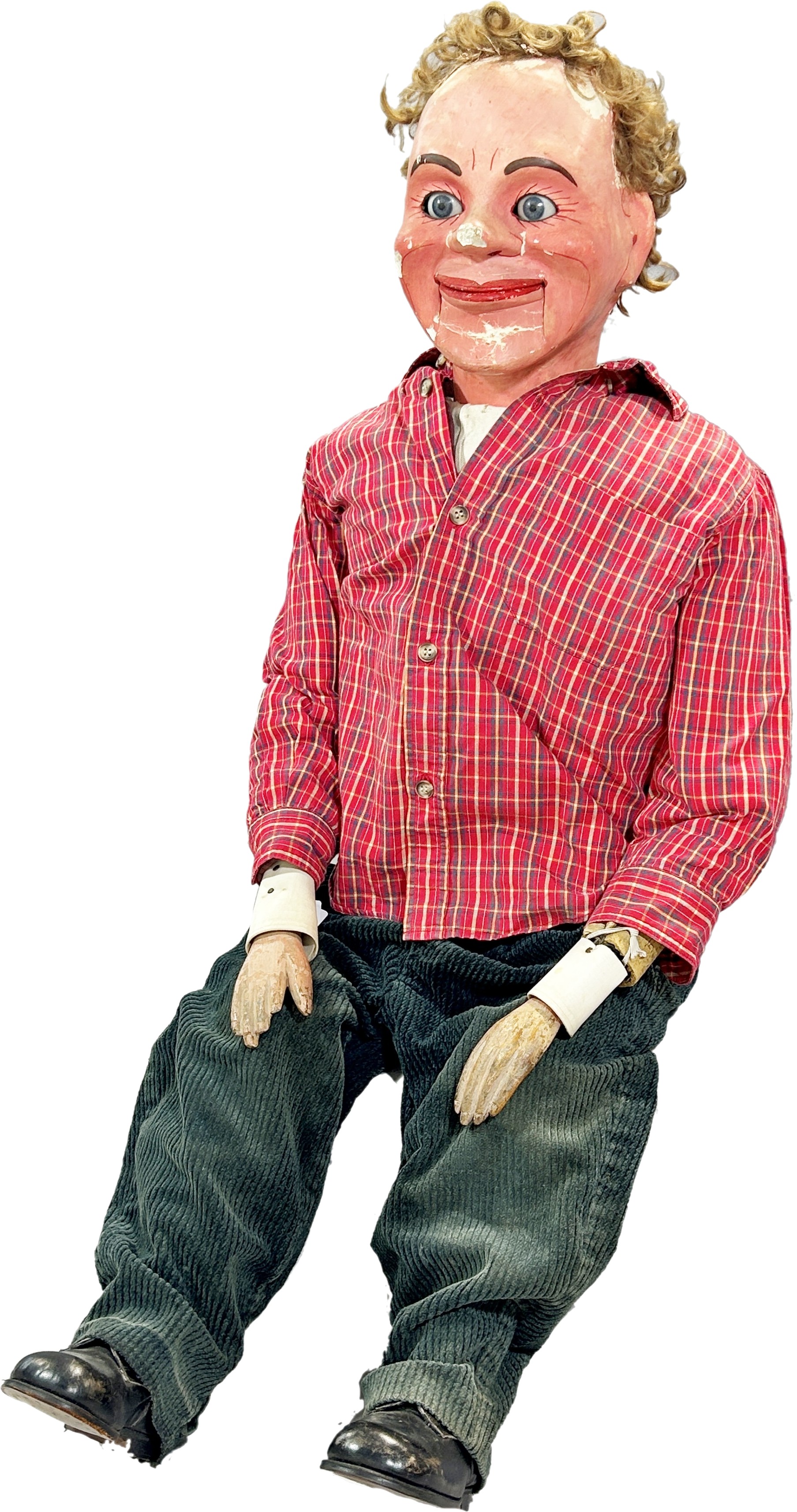 A Ventriloquist Dummy, with working mouth and eyes, 90cm tall approximately.