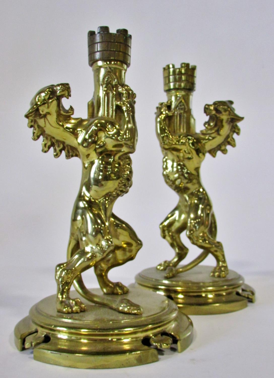 A good pair of heavy 19th century brass heraldic candlesticks, a symmetrical pair of Heraldic lions, - Image 5 of 5