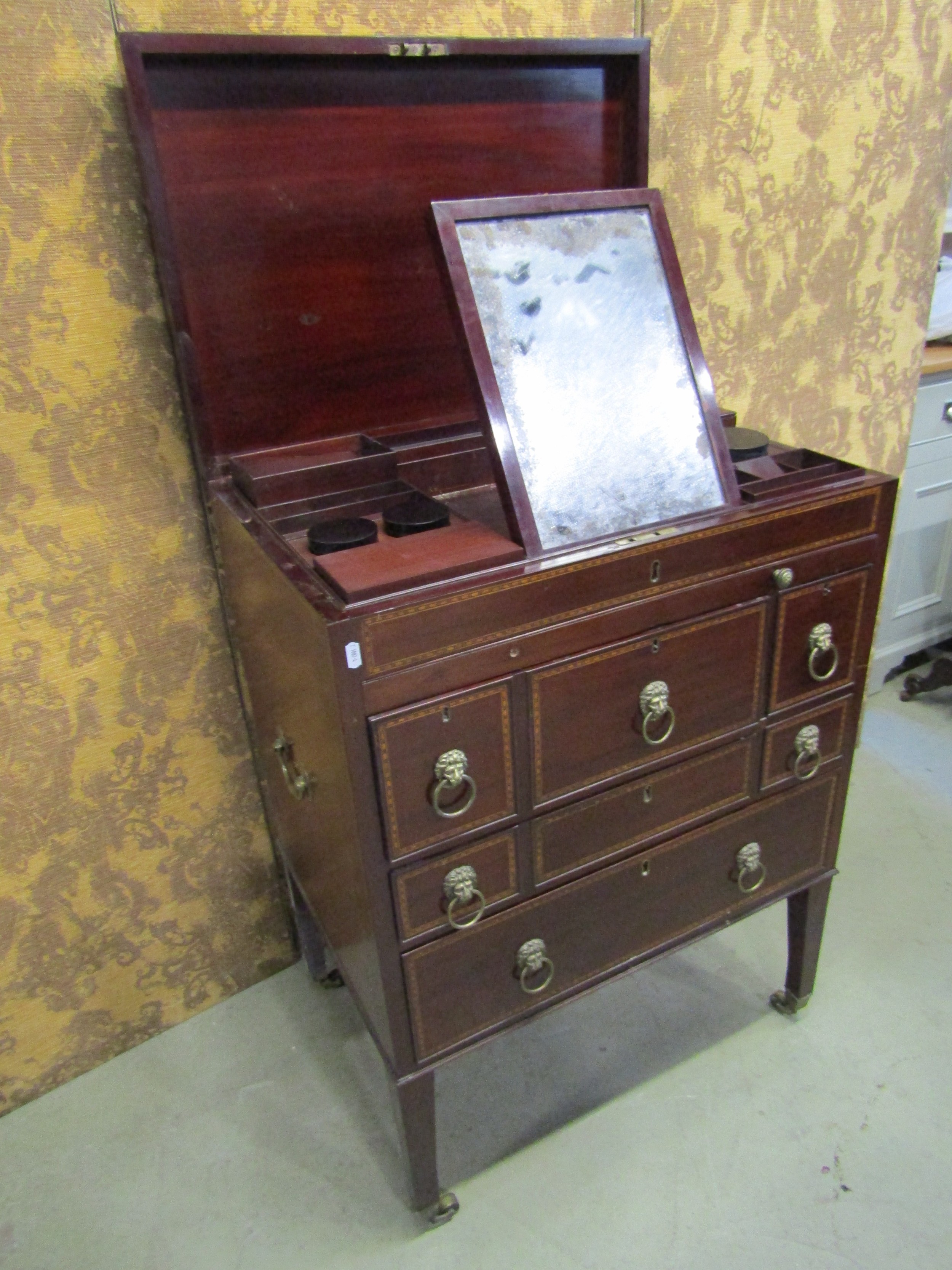 A Georgian mahogany gentleman's wash stand with rising lid, with comprehensively fitted interior, - Image 3 of 9