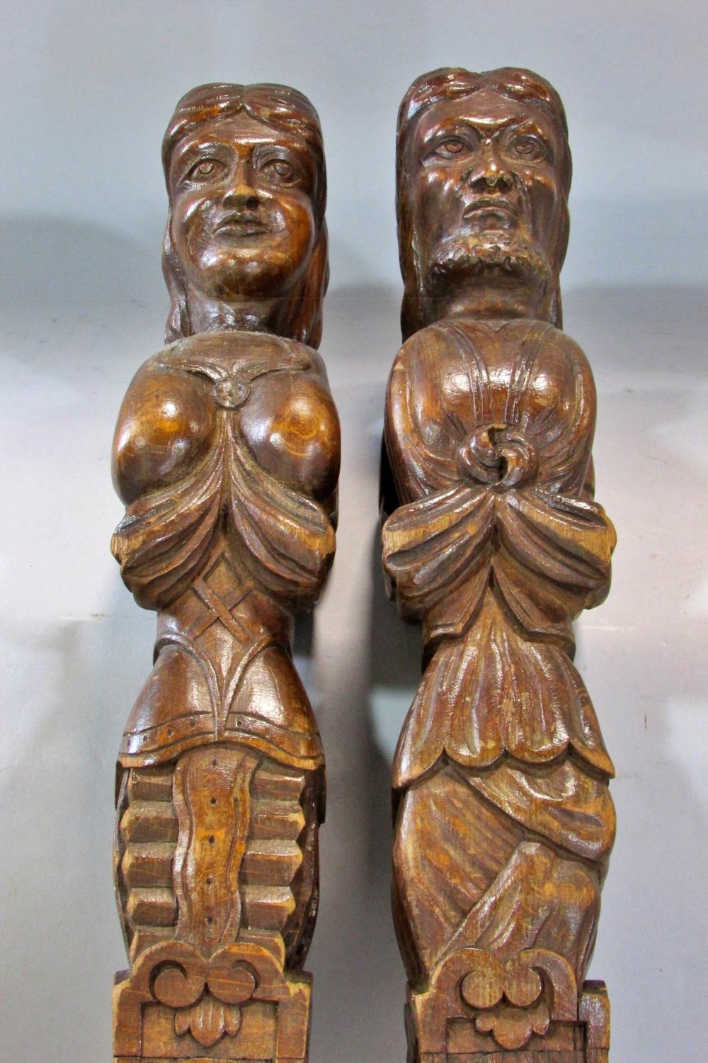 A group of six late 18th / 19th century Flemish carved oak figural mounts / adornments, 63cm high, - Image 7 of 9