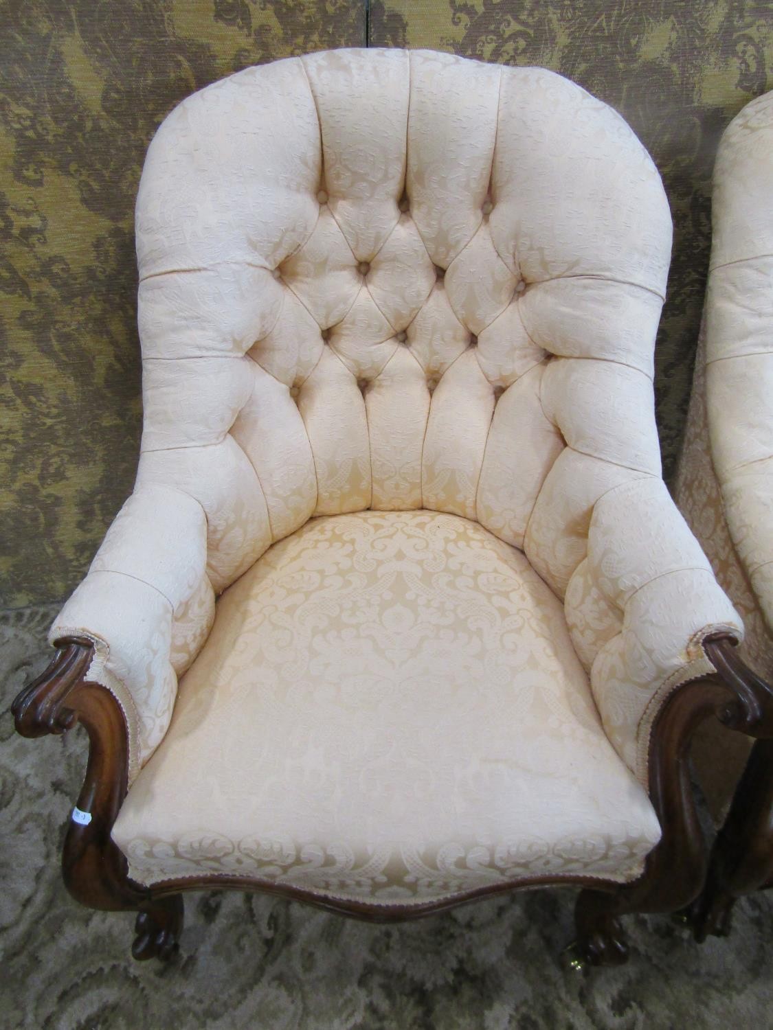 A pair of 19th century rose wood framed and upholstered drawing room chairs on cabriole legs - Image 2 of 5