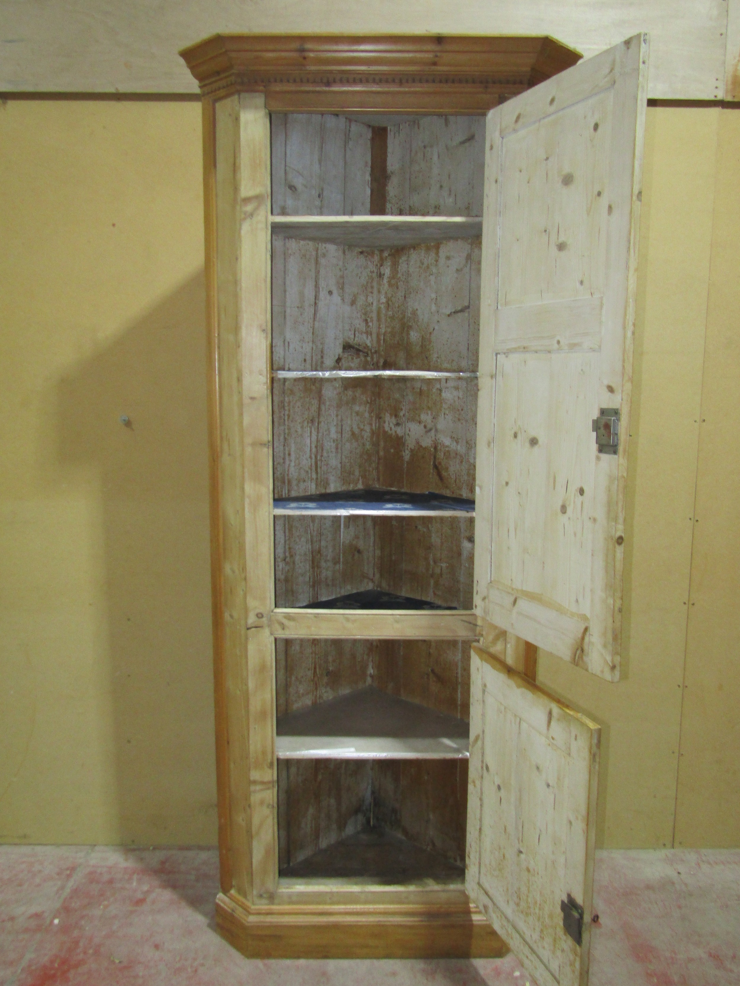 A Georgian stripped and waxed pine freestanding kitchen corner cupboard enclosed by two panelled - Image 2 of 4