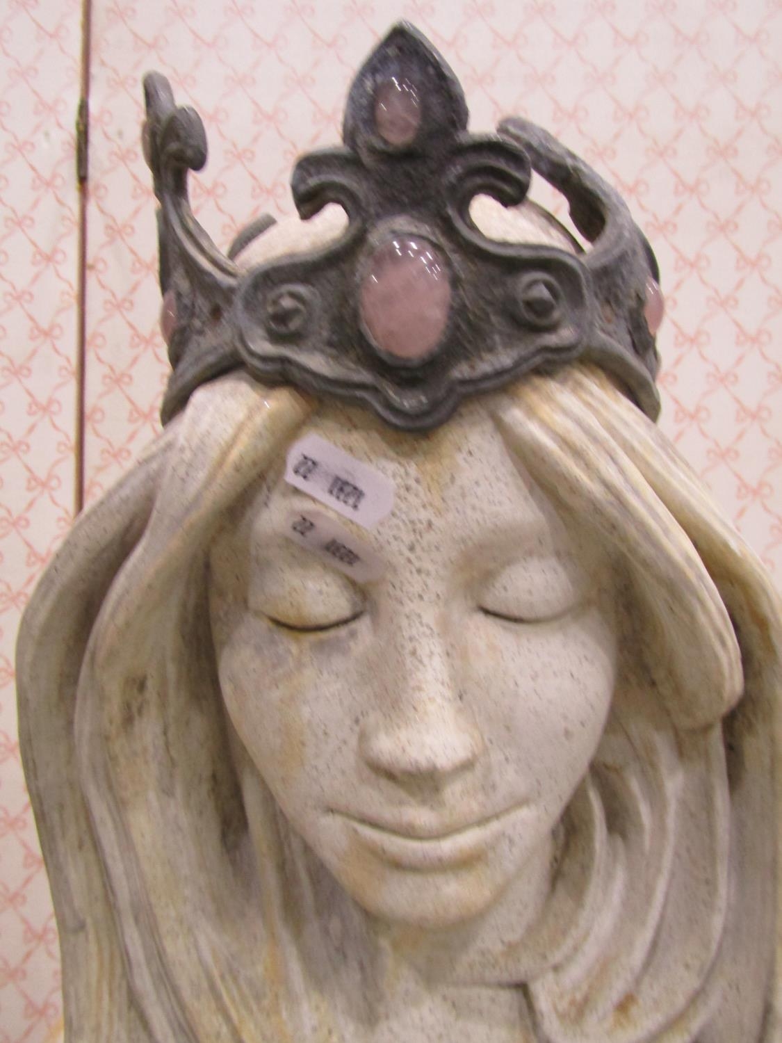 An Art Nouveau style garden or niche figure of a female wearing a cabochon encrusted crown, 75cm - Image 5 of 6
