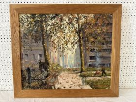 20th Century School - City park scene in autumn (possibly in France), signed indistinctly lower