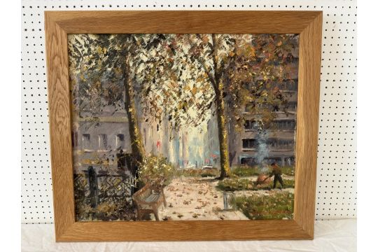 20th Century School - City park scene in autumn (possibly in France), signed indistinctly lower - Image 1 of 4