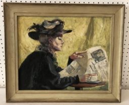 David Cox (20th Century) - Portrait of a lady reading a newspaper sat at a tea table (1964),