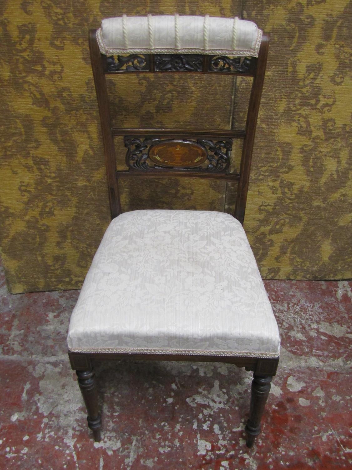 A pair of Edwardian rosewood occasional chairs, with inlaid detail, pierced and carved splats, - Image 3 of 9