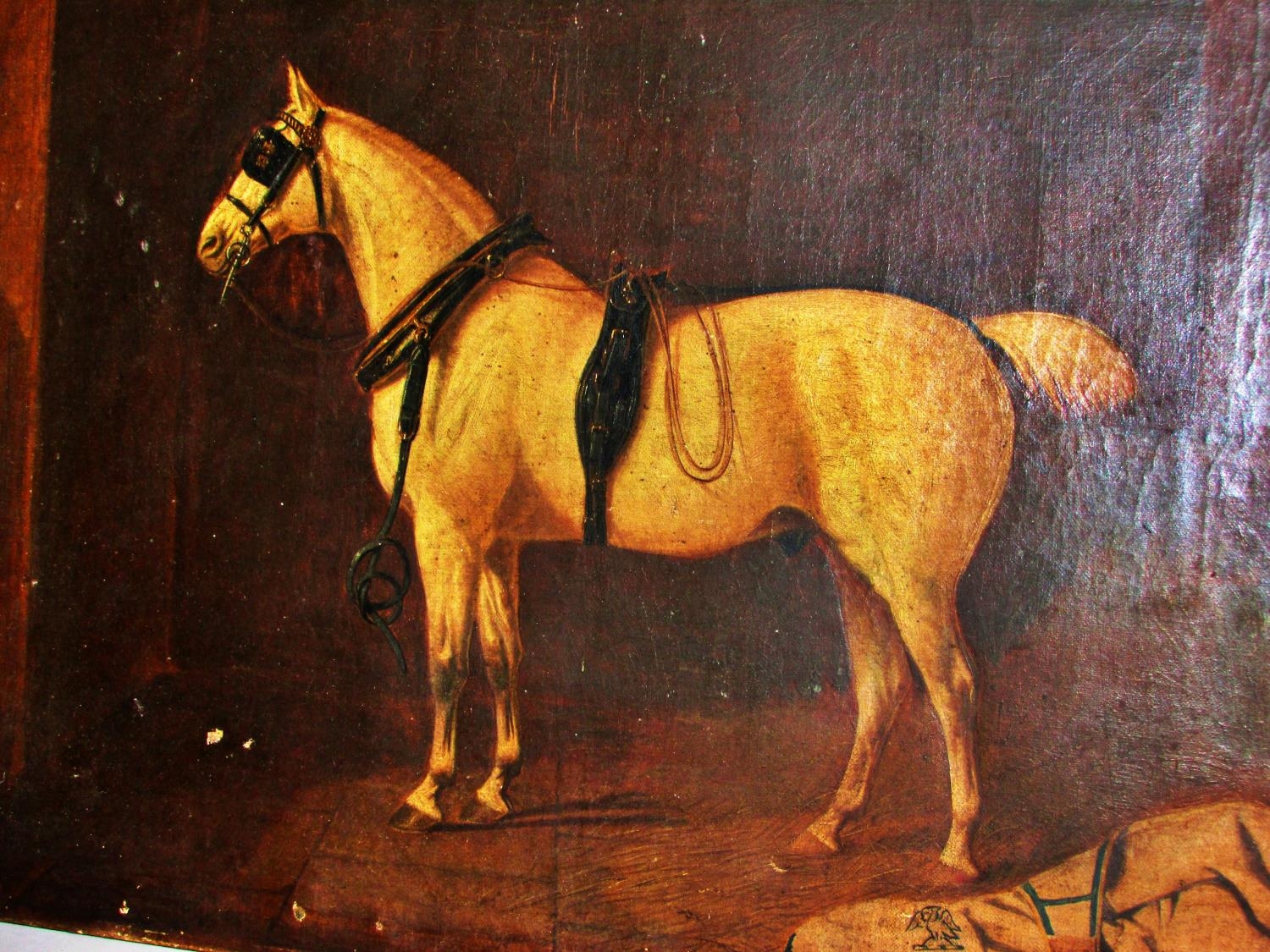 19th Century School - Equestrian portrait of a horse in profile in stables, with family crest to - Image 3 of 5