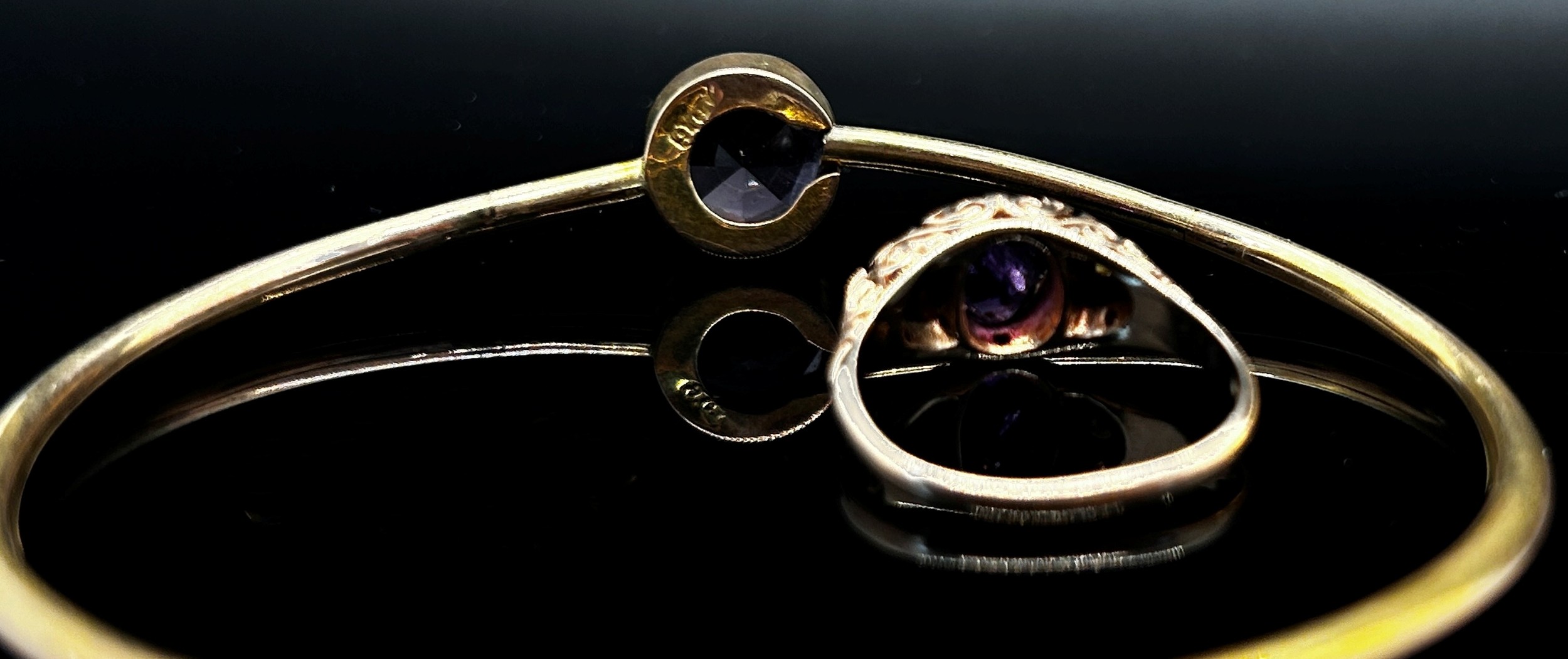Antique 9ct amethyst bangle (af), 4.4g and an antique style 9ct amethyst and seed pearl ring, - Image 3 of 5