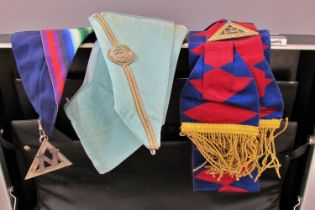 Masonic Regalia of several sashes or varying patterns, some decorated with medallions and gold braid