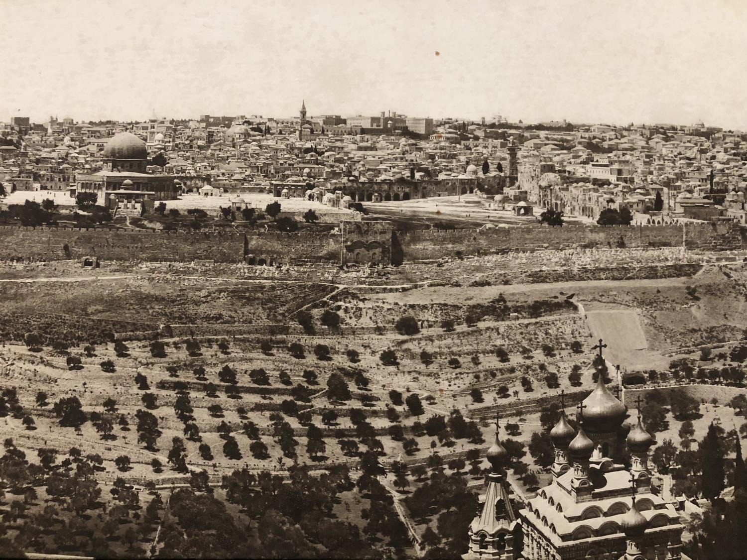 A large vintage black and white panoramic photograph of Jerusalem, inscribed 'American Colony - Image 4 of 6